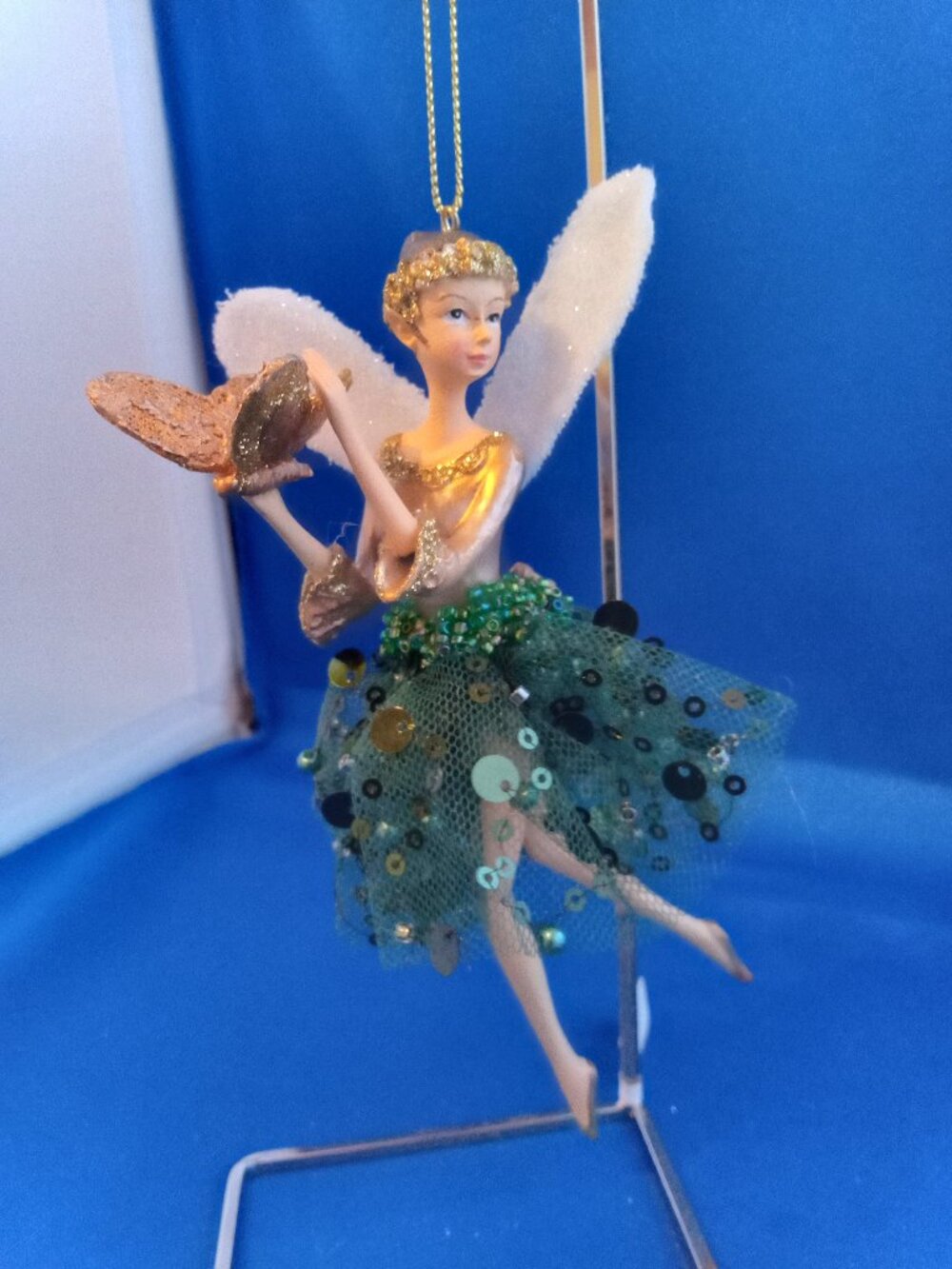 Set of 2 Fairy  with butterfly Christmas ornaments green and gold glitter